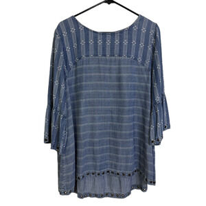 John Mark Denim Top Womens XL Blue Shirt Stripe Floral Bell Grommet Boho Casual